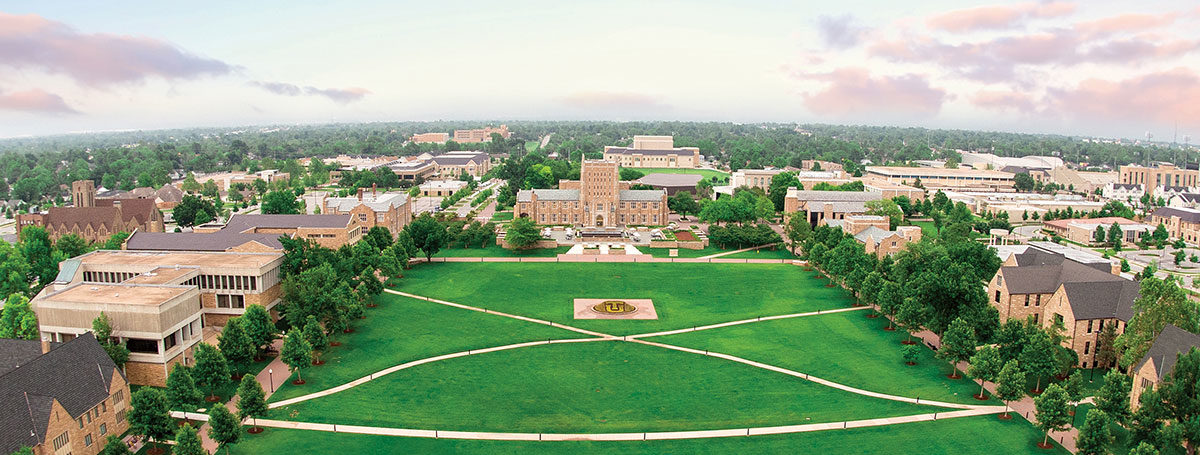 aerial of McFarlin with pink sky